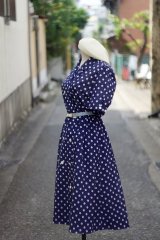 画像: "Ronsher"ドット柄 ネイビー×白 半袖 レトロワンピース オープンカラー ダブルボタン[20232]
