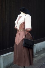 画像: ブラウン系  無地  半袖 レトロワンピース スクエアネック  [20245]