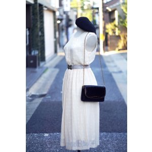 画像: 無地 アイボリー 袖なし レトロワンピース ノーカラー プリーツ シフォン[20278]