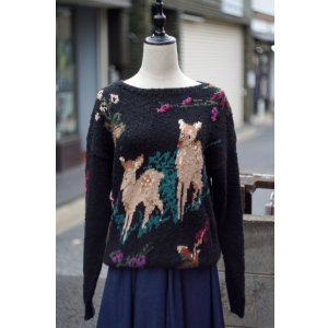 画像: ”The Woolrich woman” 黒 ラミー混 鹿柄 ニット クルーネック[20336]