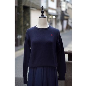 画像: ”Polo Ralph lauren” ネイビー コットン 無地 ニット クルーネック[20337]