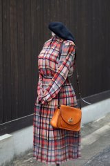 画像: ”TOKYO BLOUSE” タータンチェック柄 マルチカラー 長袖 レトロワンピース スタンドカラー ベルト[20367]