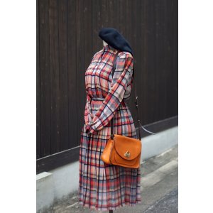 画像: ”TOKYO BLOUSE” タータンチェック柄 マルチカラー 長袖 レトロワンピース スタンドカラー ベルト[20367]