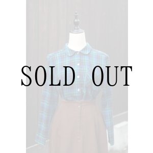 画像: "LUNOA" グリーン×黒 チェック柄 長袖 レーヨン混 ブラウス レギュラーカラー 丸襟[20425]