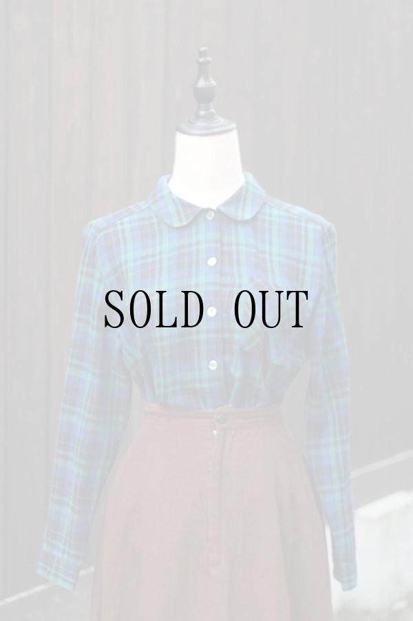 画像1: "LUNOA" グリーン×黒 チェック柄 長袖 レーヨン混 ブラウス レギュラーカラー 丸襟[20425]