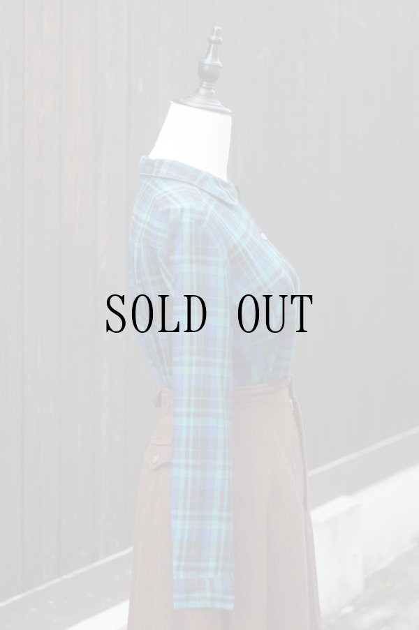 画像5: "LUNOA" グリーン×黒 チェック柄 長袖 レーヨン混 ブラウス レギュラーカラー 丸襟[20425]