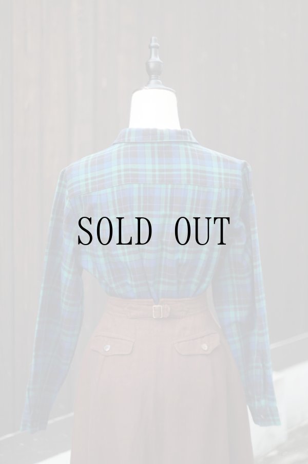 画像6: "LUNOA" グリーン×黒 チェック柄 長袖 レーヨン混 ブラウス レギュラーカラー 丸襟[20425]