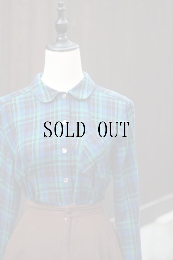 画像2: "LUNOA" グリーン×黒 チェック柄 長袖 レーヨン混 ブラウス レギュラーカラー 丸襟[20425]