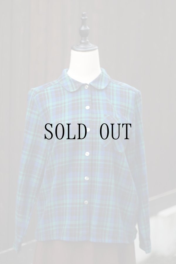 画像7: "LUNOA" グリーン×黒 チェック柄 長袖 レーヨン混 ブラウス レギュラーカラー 丸襟[20425]