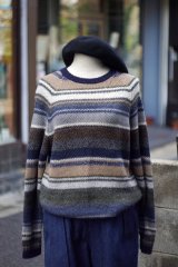 画像: ”Clocodile” ブラウン系 ウール レーヨン ボーダー ニット クルーネック[20417]