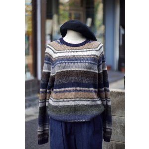 画像: ”Clocodile” ブラウン系 ウール レーヨン ボーダー ニット クルーネック[20417]