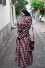 画像: ”clignancourt” チェック柄 ウール オレンジ×ネイビー 長袖 レトロワンピース レギュラーカラー [20456]