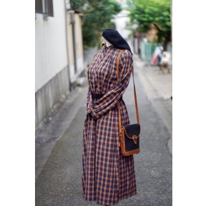 画像: ”clignancourt” チェック柄 ウール オレンジ×ネイビー 長袖 レトロワンピース レギュラーカラー [20456]
