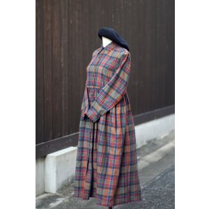 画像: チェック柄 コットン ウール マルチカラー 長袖 レトロワンピース レギュラーカラー [20500]