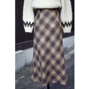 画像: チェック柄 ウール ブラウン系  スカート セミタイト w63cm[20513]