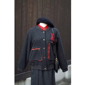 画像: ”EVE&K" グレー×赤系 ウール混 スタジャン ジャケット アルファベット[20516]