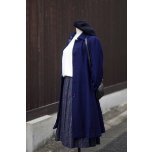 画像: "Shalon" ネイビー 無地 ウール ステンカラーコート[20526]