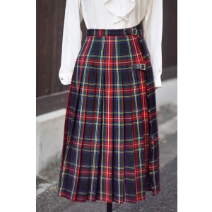 画像: ”GLENPOSE” スコットランド製 タータンチェック柄 ピュアウール マルチカラー系 巻きスカート フレア サイズ調整可能 w74cm[20522]
