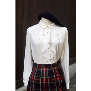 画像: "Leilian" 無地 白 長袖 ブラウス レギュラーカラー フリル ギャザー[20536]