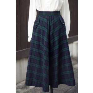 画像: タータンチェック柄 ウール ネイビー×グリーン スカート フレア w65cm[20523]