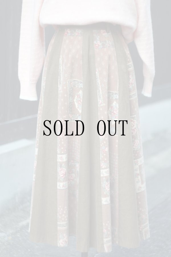 画像1: "BUSTIER" ブラウン コットン 花柄 スカート フレア コーデュロイ w63cm[20532]