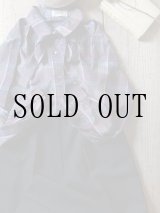 画像: チェック柄 ブルー系 長袖 ブラウス  ボウタイカラー[16924]