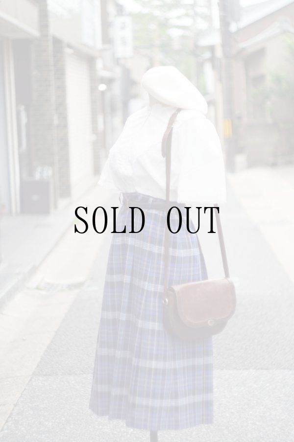 画像6: ブルー系 リネン混 タータンチェック柄 プリーツ スカート w64cm[20141]