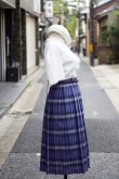 画像7: ブルー系 リネン混 タータンチェック柄 プリーツ スカート w64cm[20141]
