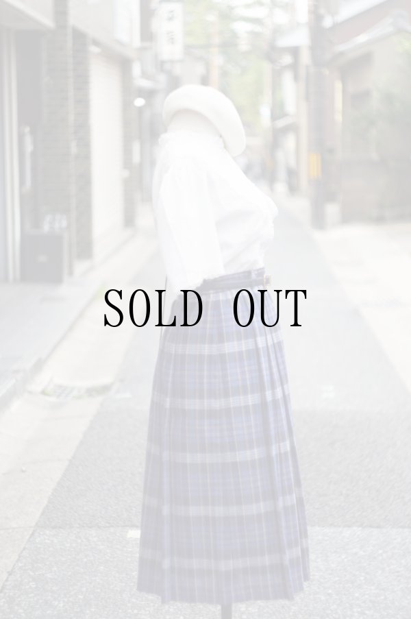 画像7: ブルー系 リネン混 タータンチェック柄 プリーツ スカート w64cm[20141]