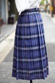 画像2: ブルー系 リネン混 タータンチェック柄 プリーツ スカート w64cm[20141]