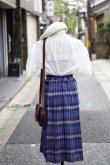 画像8: ブルー系 リネン混 タータンチェック柄 プリーツ スカート w64cm[20141]