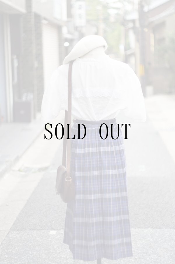 画像8: ブルー系 リネン混 タータンチェック柄 プリーツ スカート w64cm[20141]