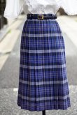 画像1: ブルー系 リネン混 タータンチェック柄 プリーツ スカート w64cm[20141]