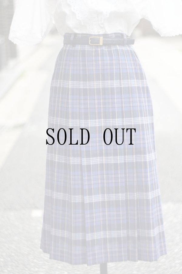 画像1: ブルー系 リネン混 タータンチェック柄 プリーツ スカート w64cm[20141]
