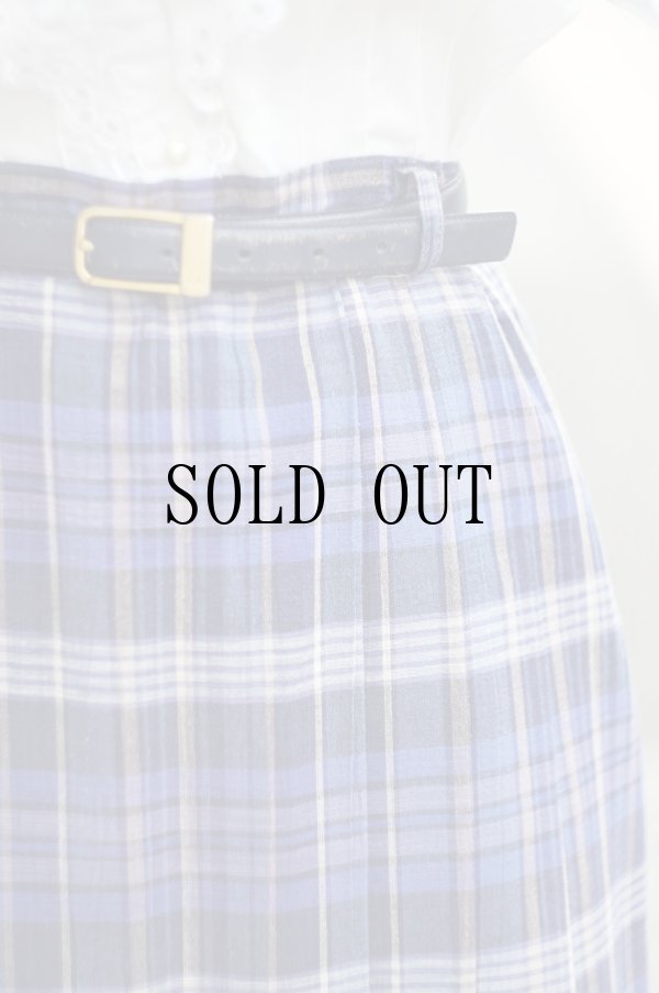 画像3: ブルー系 リネン混 タータンチェック柄 プリーツ スカート w64cm[20141]