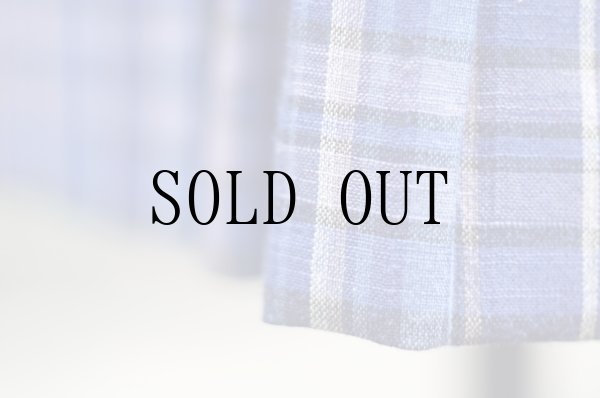 画像4: ブルー系 リネン混 タータンチェック柄 プリーツ スカート w64cm[20141]