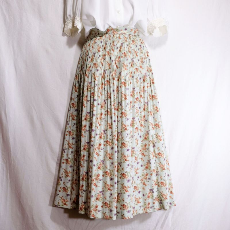 画像1: 花柄 水色 スカート フレア/w67cm[42089]