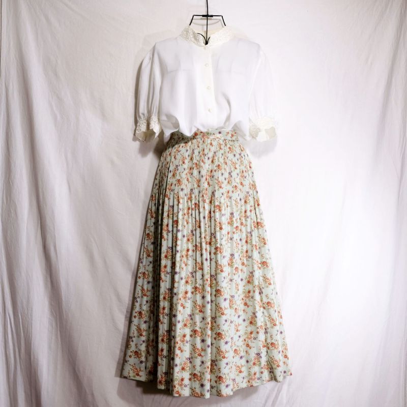 画像2: 花柄 水色 スカート フレア/w67cm[42089]