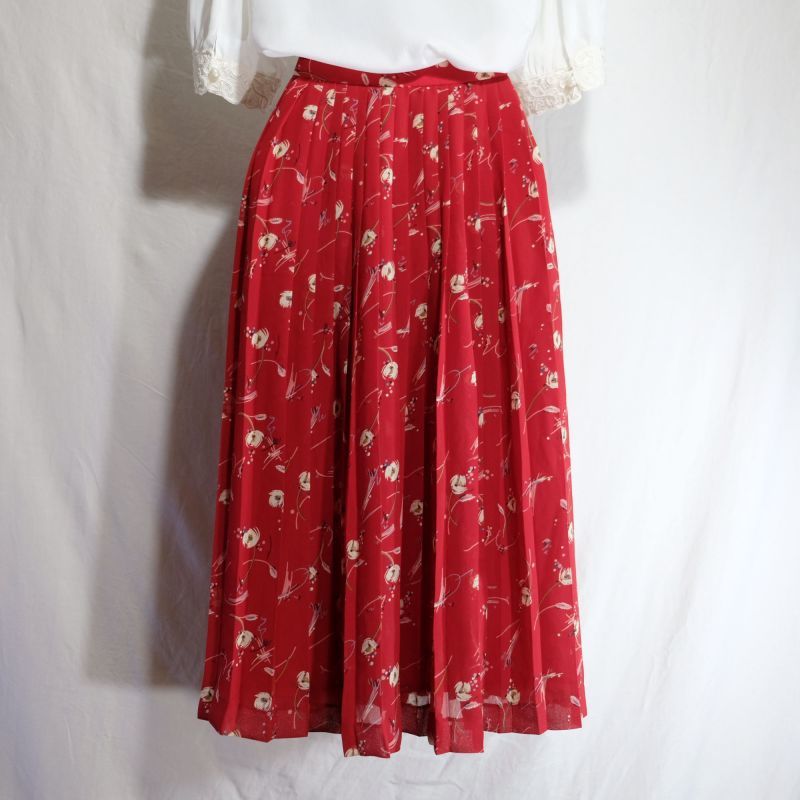画像5: 花柄 赤 スカート プリーツ/w63cm[42104]