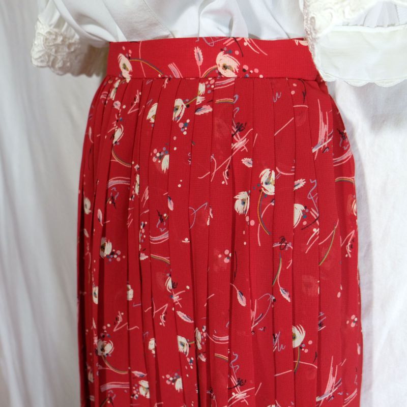 画像3: 花柄 赤 スカート プリーツ/w63cm[42104]