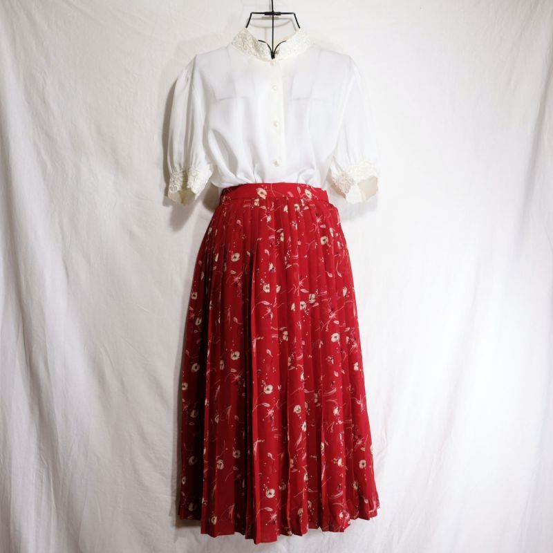 画像2: 花柄 赤 スカート プリーツ/w63cm[42104]