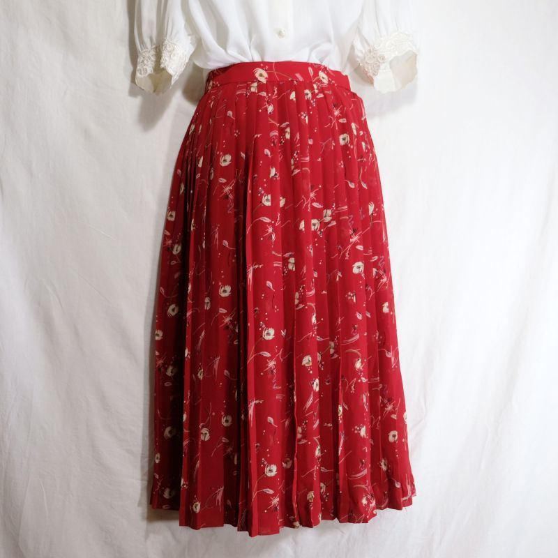 画像1: 花柄 赤 スカート プリーツ/w63cm[42104]