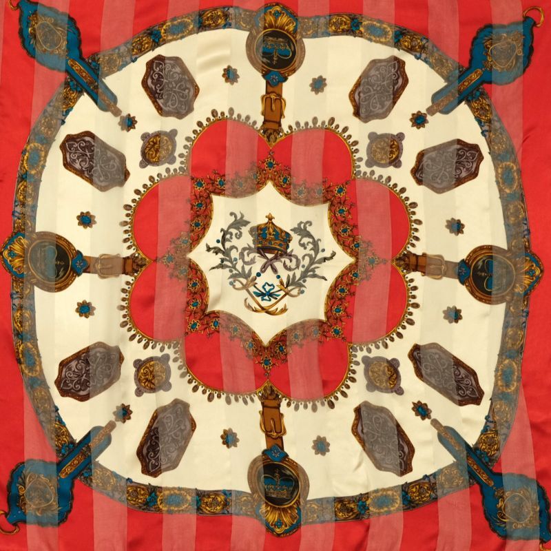 画像1: 装飾絵模様 エンブレム 赤系 シルク スカーフ 85cm×85cm[0540]