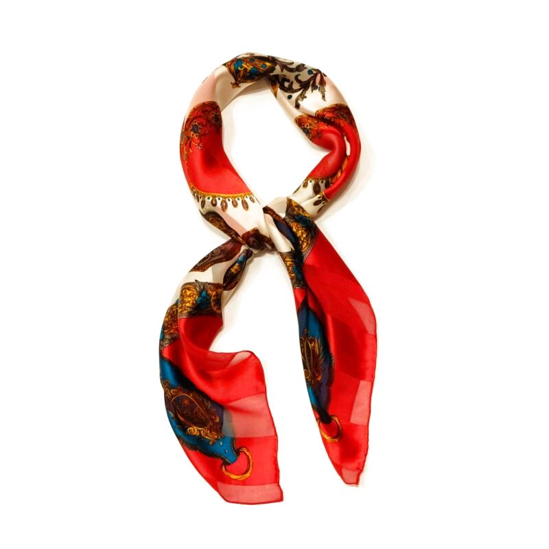 画像: 装飾絵模様 エンブレム 赤系 シルク スカーフ 85cm×85cm[0540]