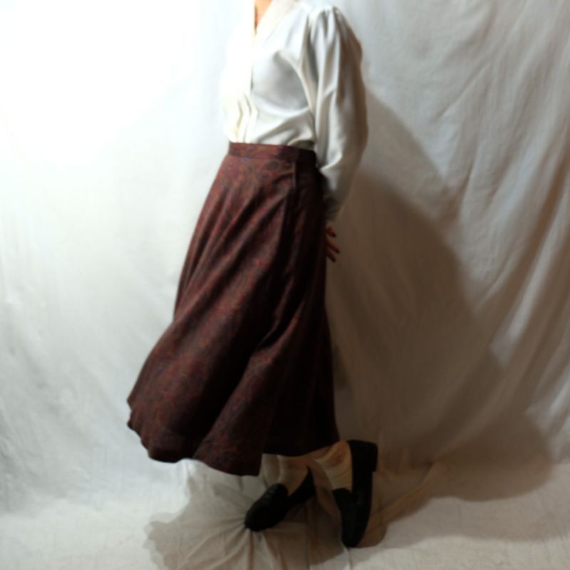 画像: ペイズリー柄 ボルドー系 スカート フレア/w70cm[11480]