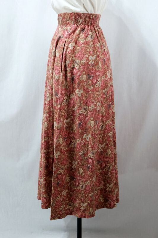 画像1: "laura ashley" 花柄 赤系 スカート フレア プリーツ ウエストゴム /w58〜74cm [12103]