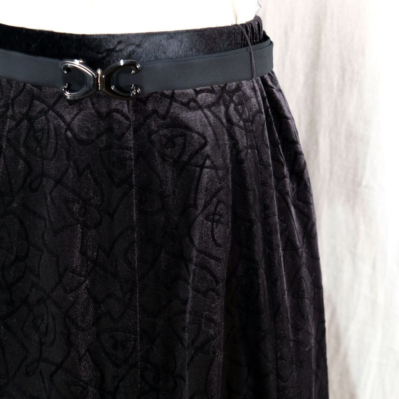 画像1: 柄 ブラック スカート ポリエステル フレア w/66cm [16596]