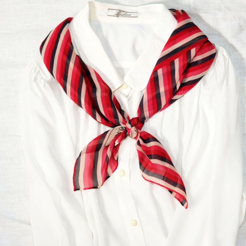 画像: "イヴサンローラン" ストライプ柄 赤系 シルク スカーフ 73cm×73cm[17237]