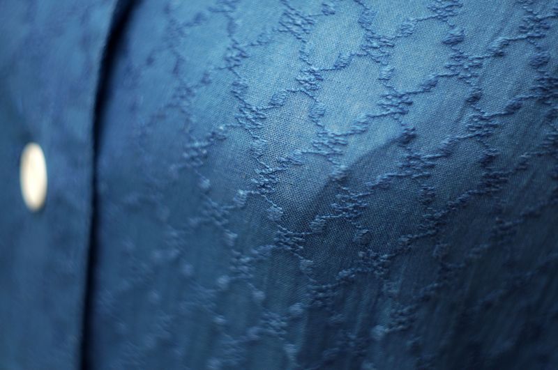 画像: 格子模様 ブルー 半袖 レトロワンピース ノーカラー ラウンドネック ウエストマークリボン[17465]
