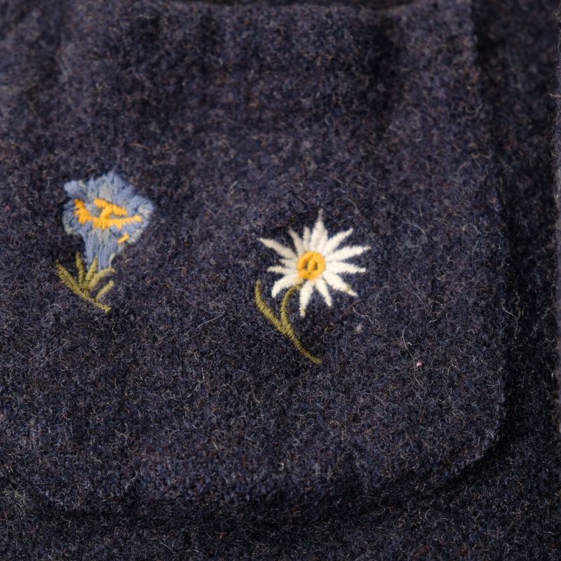 画像: 無地 ネイビー ウール フード付きコート 刺繍 チェック お花[17572]